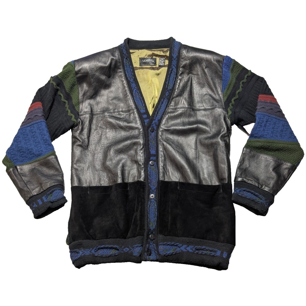 VTG SAXONY COLLECTION Leather Sweater Cardigan‎ Jacket Coogi Style - Men 1XT EUC